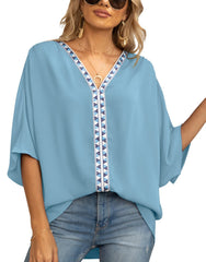 Summer Women's Bat Sleeve Chiffon V-neck Shirt