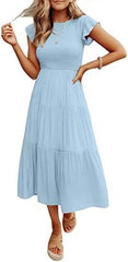 Flying Sleeve Pleated Layered Short Large Swing Dress For Women