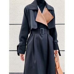 Temperament Stitching Contrast Color Mid-length Windbreaker Jacket Women
