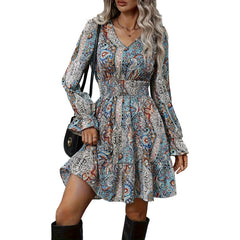 Women's Casual Printed V-neck Long Sleeved Dress