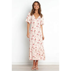 New Sexy Deep V Short Sleeve Printed Pleated Dress