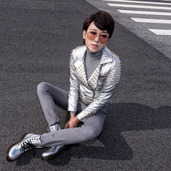 Women's punk rivet motorcycle faux leather jacket - view 3