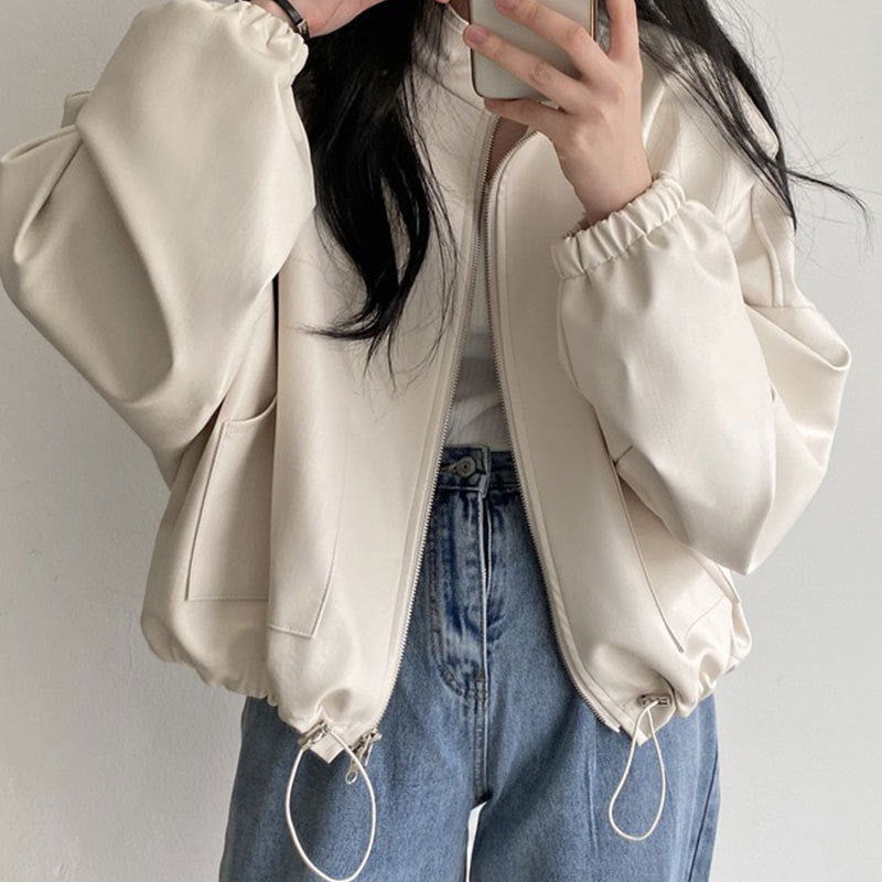 Small Stand Collar Zipper Large Pocket Drawstring Lace Leather Coat Women
