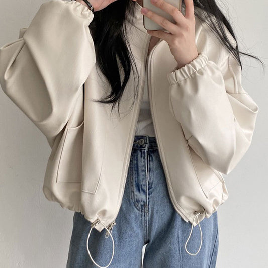 Small Stand Collar Zipper Large Pocket Drawstring Lace Leather Coat Women