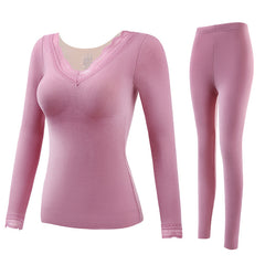 Thermal Underwear Women's Suit With Chest Pads Sexy V-neck Lace Long Sleeves