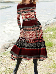Popular Floral Print Pocket Round Neck Dress