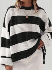 Loose Striped Sweater Fashion Casual Long Batwing Sleeve Round Neck Pullover Knit Tops Women Clothing