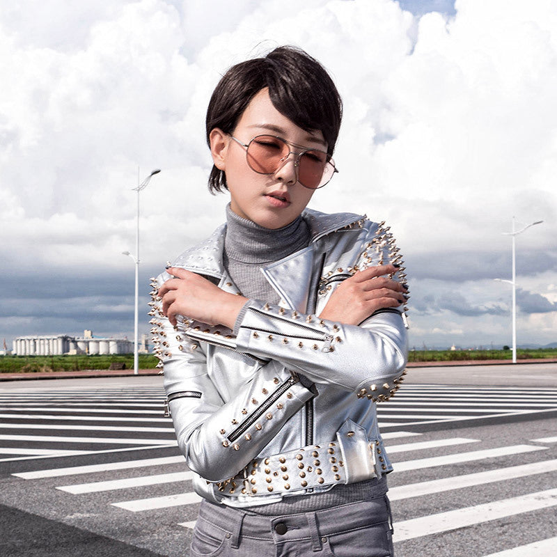 Women's punk rivet motorcycle faux leather jacket - view 6