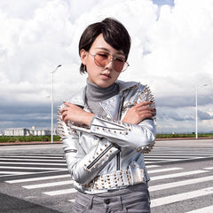 Women's punk rivet motorcycle faux leather jacket - view 6