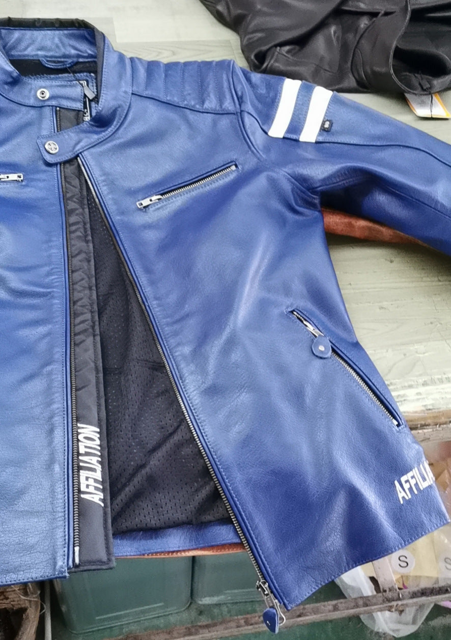 Stand collar motorcycle leather jacket - view 4