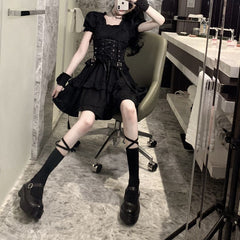 Ruffle Lace Up Buckle Gothic Sweet Dress