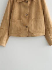 Single-breasted Pocket Square Collar Suede Top