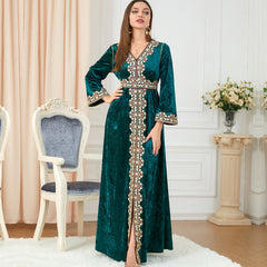 Loose Slim V-neck High-end Women's Long-sleeved Canary Velvet Dress