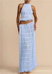 Backless Lace-up Halterneck Sling Top Suit Wooden Ear Pleated Dress