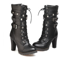 Comfort Side Zip Studs Thick Heel Mid Boots High Heel Lace  Boots