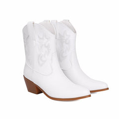 Mirror Patent Leather Embroidery Knee Boots Pointed Mid-calf Embroidery Chunky Heel
