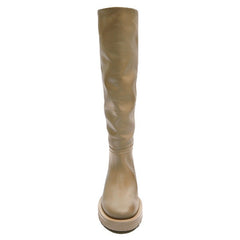 Leather Flat Round Toe Sand Brown Below The Knee Leg Boots