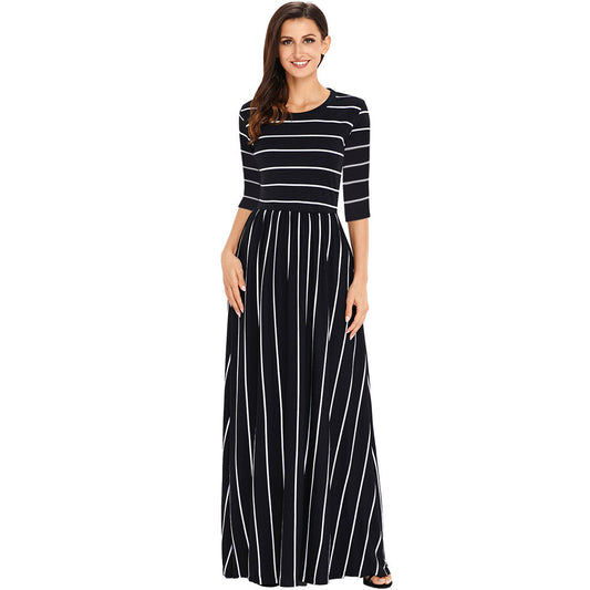 Striped round neck 3/4 sleeve waist dress