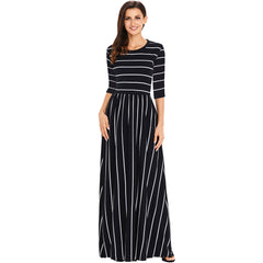 Striped round neck 3/4 sleeve waist dress