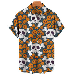 Men's Halloween Short Sleeve Printing Lapel Cardigan Top Summer Cartoon Unique Shirt