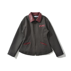 Retro Lapels Contrast Color Waist-tight Motorcycle Slim-fit Leather Coat Zipper Jacket