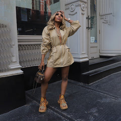 Drawstring Waist Mid-length Trench Coat For Women