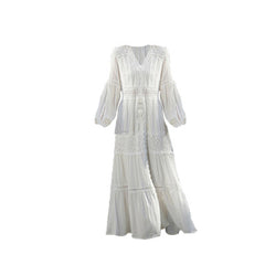 V-Neck High-Waisted Long-Sleeved Lace Dress