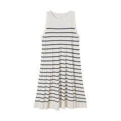 Casual Style A- Line Round Neck Pleated Dress Retro Vacation Striped Knitted Vest Skirt