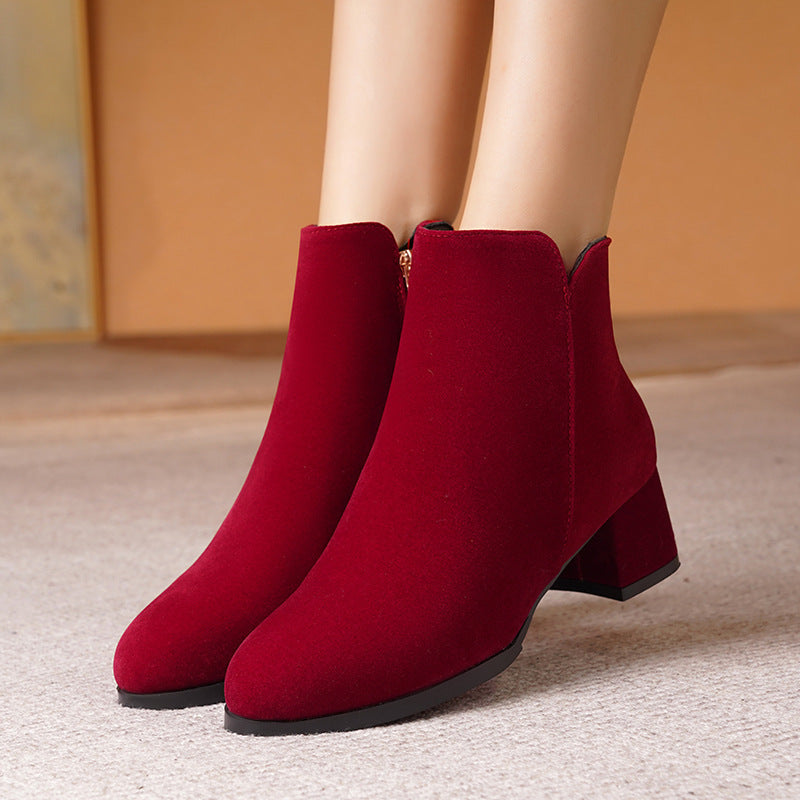 Pointed-toe Frosted Suede Side Zipper Chunky Heel Mid Heel Plus Size Female Boots – view 4