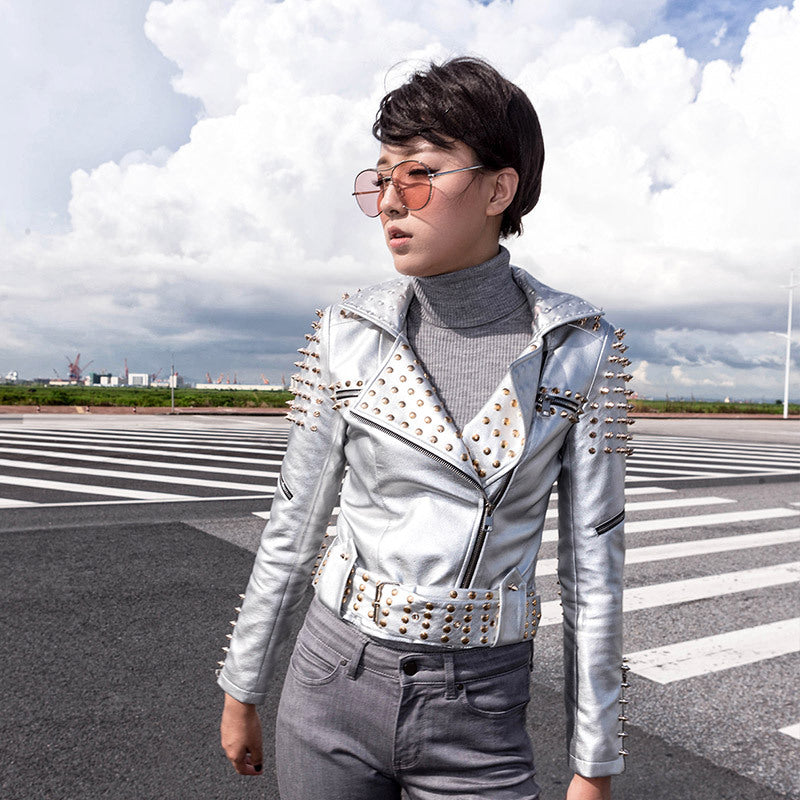 Women's punk rivet motorcycle faux leather jacket - view 4