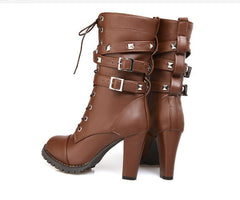 Comfort Side Zip Studs Thick Heel Mid Boots High Heel Lace  Boots
