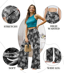 Wide leg Trousers Skirt Printed With White Leaves