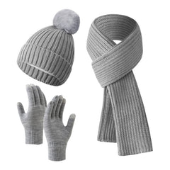 Solid Color Woven Hat Scarf And Gloves Warm Set