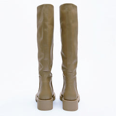 Leather Flat Round Toe Sand Brown Below The Knee Leg Boots