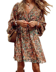 New Printed Long Sleeve A-Line Boho Dress