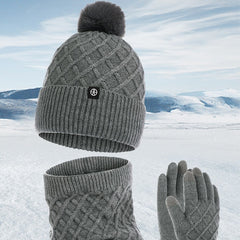 Autumn And Winter Hat Scarf Gloves Knitted Hat Amazon Outdoor Fleece-lined Warm Fur Ball Thickened Woolen Cap Three-piece Set