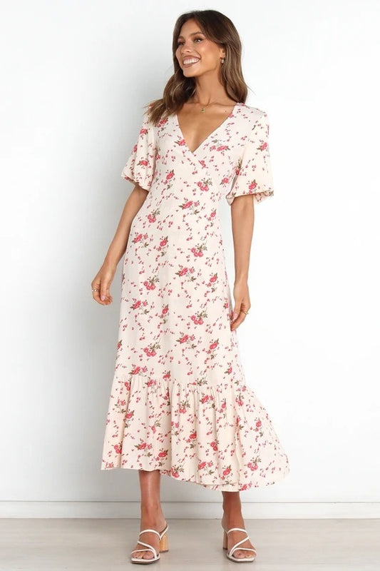 New Sexy Deep V Short Sleeve Printed Pleated Dress