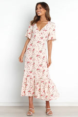 New Sexy Deep V Short Sleeve Printed Pleated Dress
