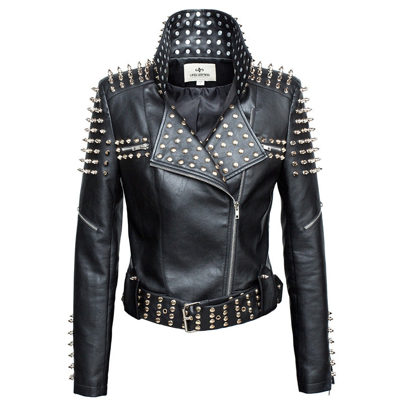 Women's punk rivet motorcycle faux leather jacket - Fashionoto