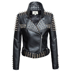 Women's punk rivet motorcycle faux leather jacket - Fashionoto