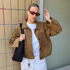 Lapel Single Breasted Brown Short Jacket Women's Retro