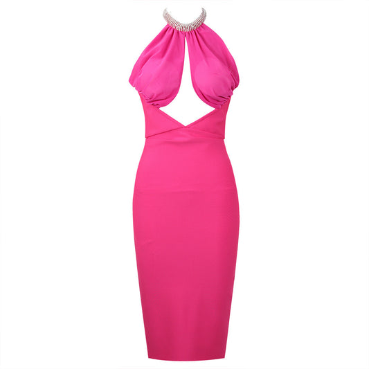 Hollow-out Shiny Rhinestone Collar Halter Dress