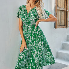 Summer Floral Print Short Sleeved V-neck High Waisted Dress A-line Skirt Mid Length Skirt