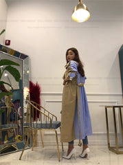 Lapel tie striped trench coat