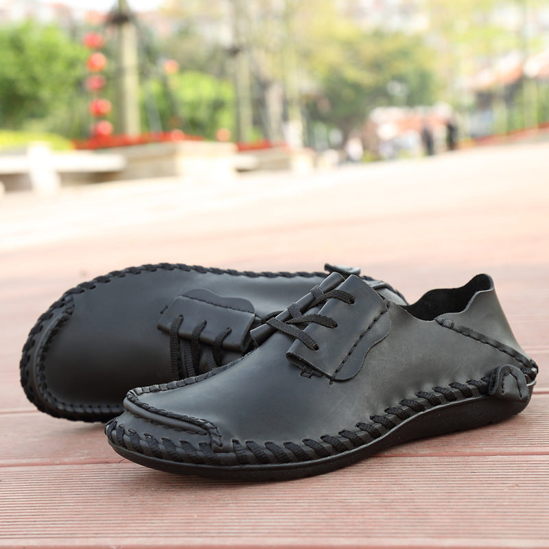 Men's Low-top Lace-up Round Toe Casual Leather Shoes