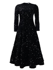 Women's Round Neck Long Sleeve Pure Color Sequins Mid-length Formal Dress