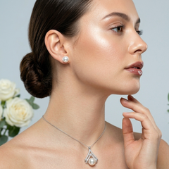 Sea Pearl Chevron Pendant Necklace & Earring Set – Silver-Tone CZ Jewelry