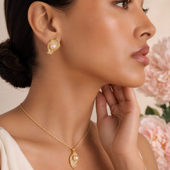 Natural Sea Pearl Leaf Necklace & Earring Set – Gold-Tone Bridal Jewelry