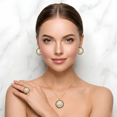 Sea Pearl Sunburst Jewelry Set – Gold-Tone Necklace, Earrings & Ring