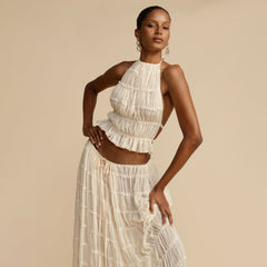 Backless Lace-up Halterneck Sling Top Suit Wooden Ear Pleated Dress